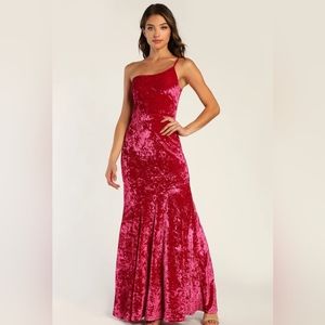 Dreamiest Look Hot Pink Crushed Velvet One-Shoulder Maxi DressLulus